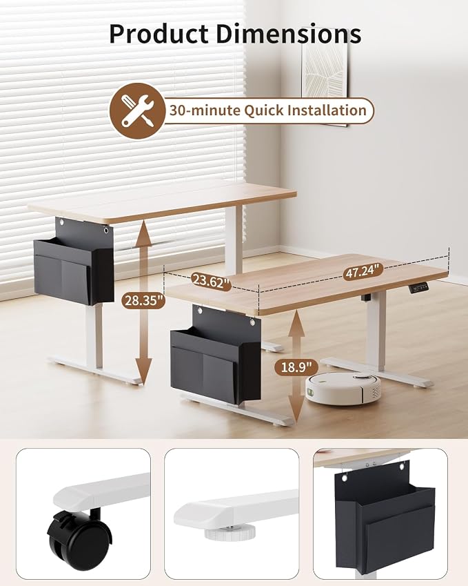Coffee Table, Height Adjustable Electric Coffee Table with Storage Bag Lift Tabletop Dining Table Office Table with Lockable Wheels for Living Room (Natural Maple Look, 48 x 24 Inches)