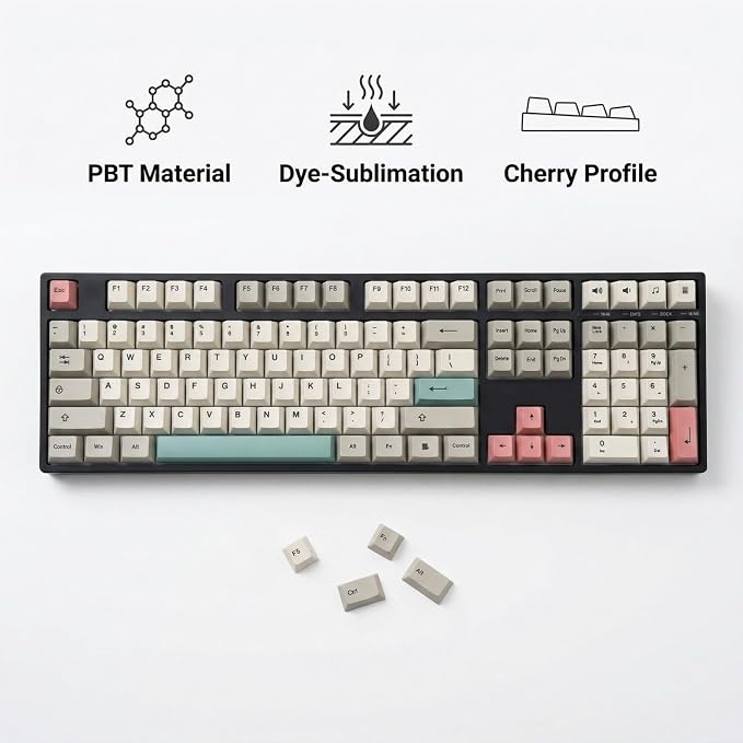 Retro 9009 Keycaps 148 Keys, Beige Grey PBT Dye-Sub Keycap Set with Pink Accents Cherry Profile for 61/64/68/84/87/100/104/108 Mechanical Keyboard Cherry Mx Switches