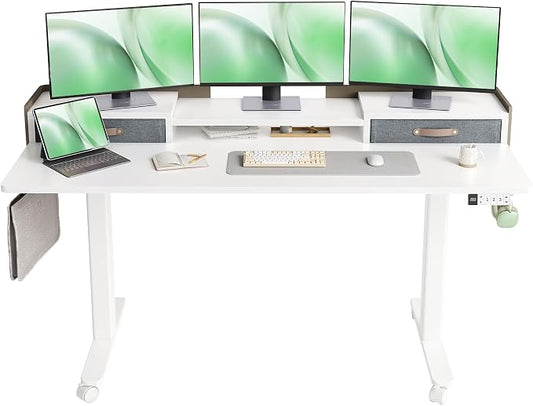 Claiks Standing Desk with Drawers & Wheels, 2 Height Shelf 63" White | 2 height adjust shelf, tabletop drawers, felt fence design, sturdy supports 176 lbs, 4 wheels, 2 tire monitor stand