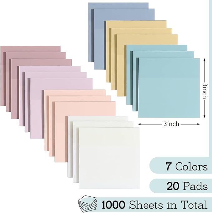 [1000 Sheets] Clear Sticky Notes, 3x3 inch Pastel Color Waterproof Sticky Notes in 7 Vintage Colors for School and Office Supplies, Bible Tabs