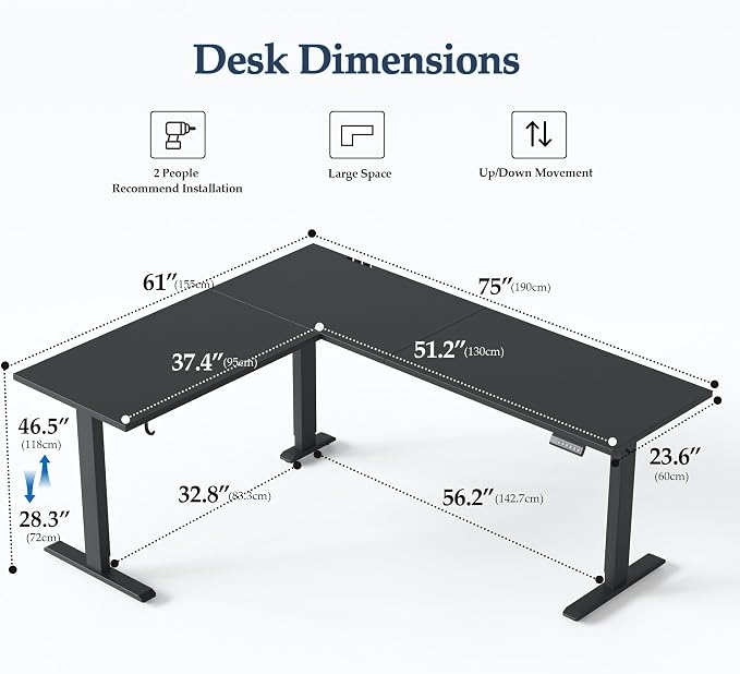 Klicelor L Shaped Standing Desk 75 x 61 Inch, Electric Height Adjustable Corner Desk for Home Office Workstation, Ergonomic Sit Stand Computer Table with Memory Controller, Black
