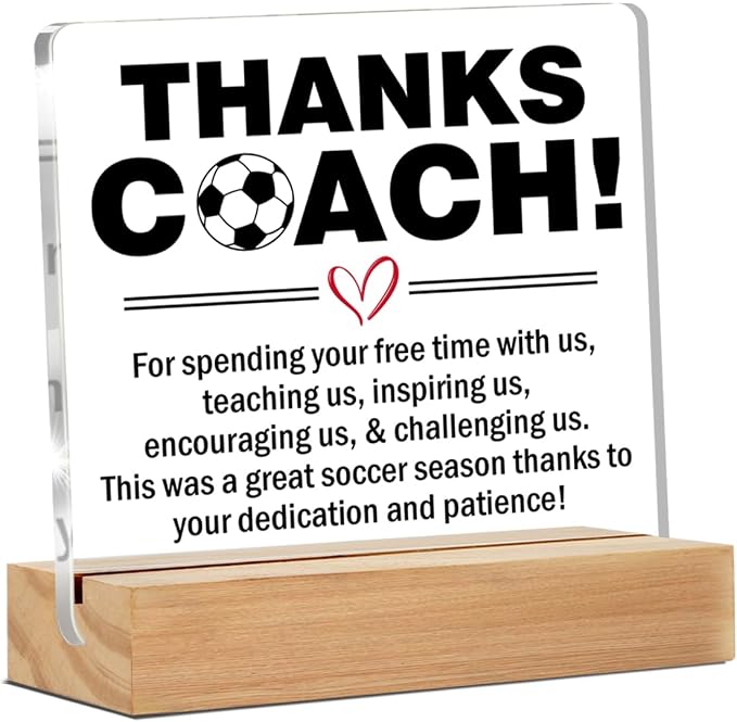 Soccer Coach Gifts for Men Thank You Appreciation Desk Decor Sign | End of Season Soccer Gift for Coach, Home Office Desk Decorative Sign, Clear, Acrylic, 4 x 4 Inches
