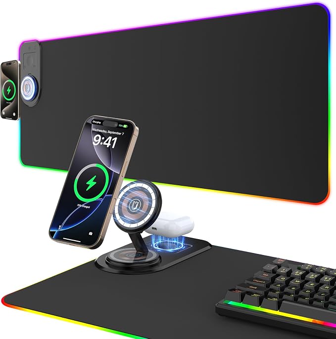 Gaming Mouse Pad Wireless Charging - Desk Mat Magnetic Foldable Phone Stand 15W Fast Charge, RGB Extended Large Keyboard Mousepad - PC Laptop Desk Pad for Work Game (Adapter Not Included)
