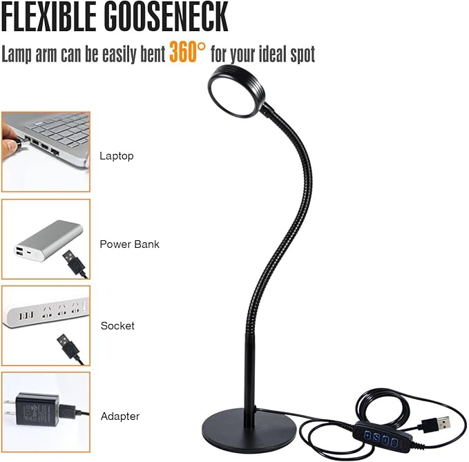 6W LED Desk Lamp with Gooseneck and US Adapter, CRI 90 | Metal Dimmable Reading Light, 3 Colors and 10 Brightness Levels, for Office Study
