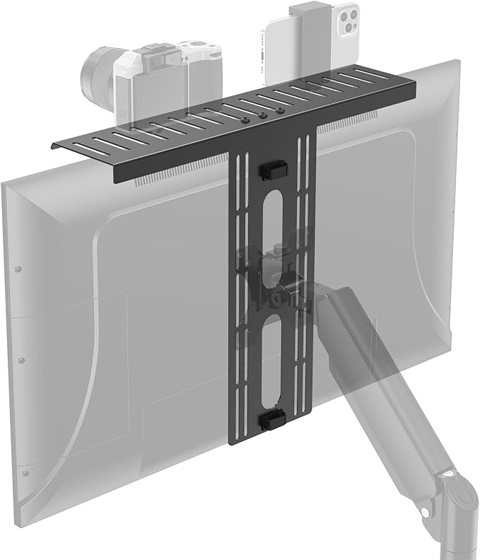 DSLR Monitor Mount Hold up to 11 lbs, Monitor Top Shelf for Livestream Device, Camera Mount, Webcams, Microphones, Lighting and More, Fits VESA Mount 75/100mm, Height Adjustable
