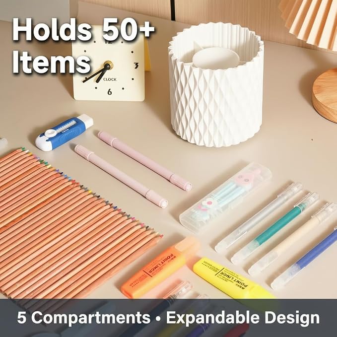 White Pen Holder for Desk, 360° Rotating Pencil Organizer, 5 Slots | Spinning multi-use organizer holds pens, makeup brushes, art supplies & markers — desk caddy for office, classroom or vanity