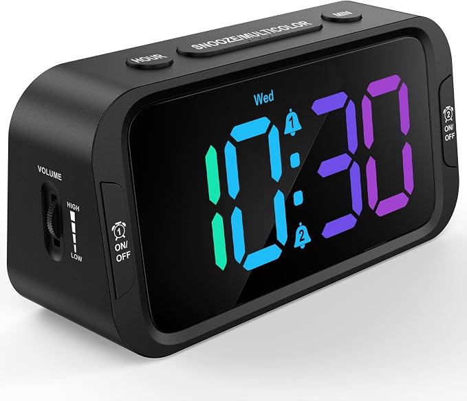 Odokee Digital Dual Alarm Clock for Bedroom with 0-100% Dimmable Display | RGB Electric Alarm Clock for Kids with Weekday/Weekend Mode - Loud Alarm for Heavy Sleepers with 5 Sounds Adjustable Volume