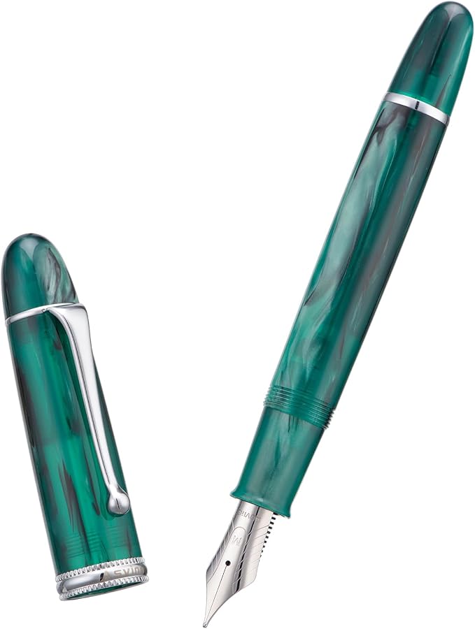 Asvine V800 Fountain Pen -Vacuum Filling System with Large Ink Capacity-Number 8 Stub Nib 1.1mm Calligraphy Art Drawing with Wrench - Green Acrylic