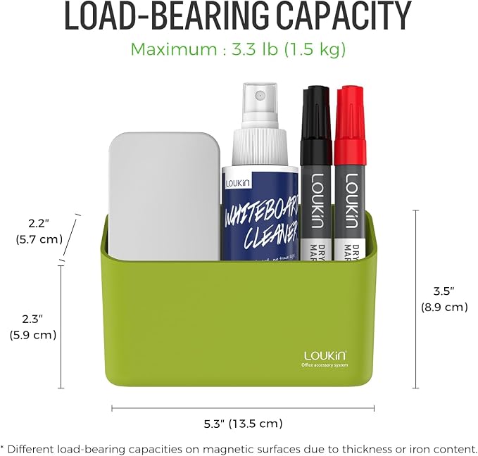 loukin Magnetic & Adhesive Marker Holder, Whiteboard Accessory Tray, Green | 5.3" × 2.2", Holds 1 Eraser and 8 Markers, Supports up to 3.3 lb, 2 Mounting Options, Fits Glass and Refrigerators