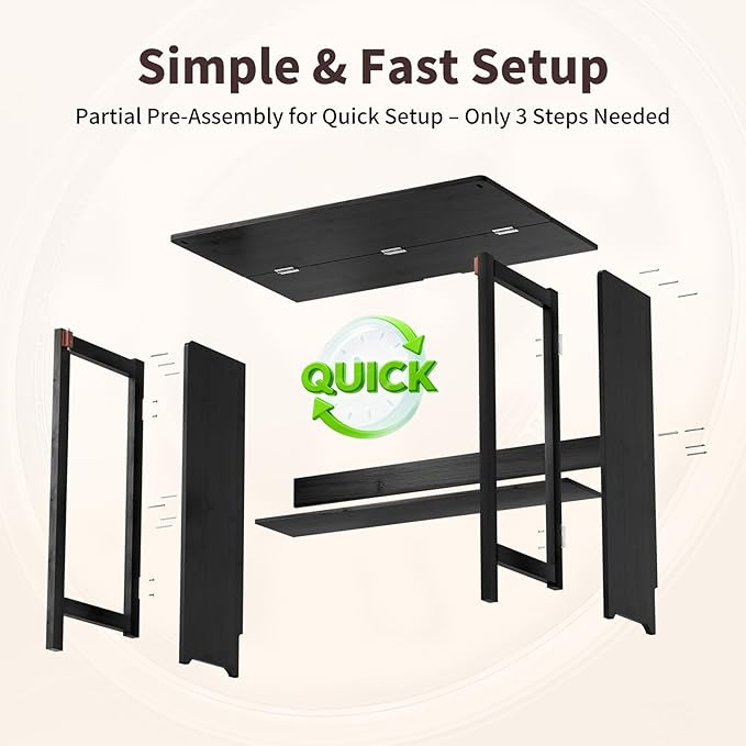 Bamboo Foldable Desk, Folding Desks for Small Spaces, Mid Century Small Computer Desk with Bookshelf for Bedroom Home Office, Black