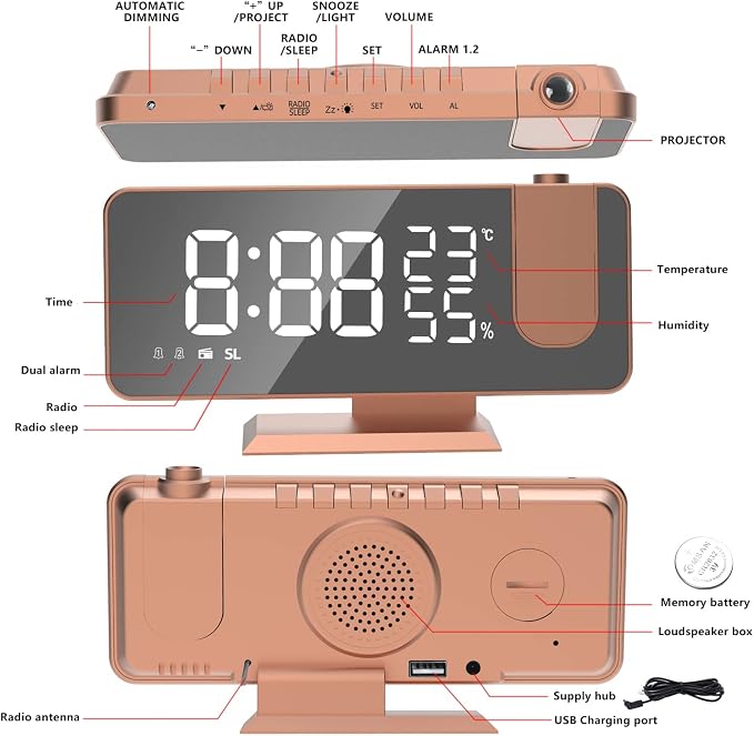 Projection Digital Alarm Clock for Bedrooms, Alarm Clock Radio on Ceiling | USB Charger Port, Temperature & Humidity Display, 7.3” Large Mirror LED Display,12/24H,Snooze,Dual Loud Clock- 4 Dimmer
