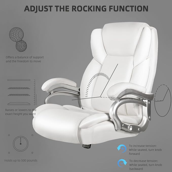 VITESSE 500lbs Heavy Duty Office Chair for Low Back Pain Relief, Big and Tall Office Chair with Ergonomic Lumbar Support, High Back Executive Chair with Quiet Rubber Wheel（White）