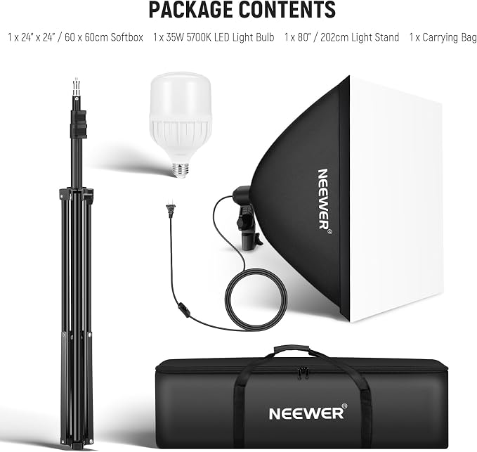 NEEWER 350W Equivalent Softbox Lighting Kit, 5700K LED Light Bulb, 24x24 inches Softbox with E26 Socket, Photography Continuous Lighting Kit, Photo Studio Equipment, NK300