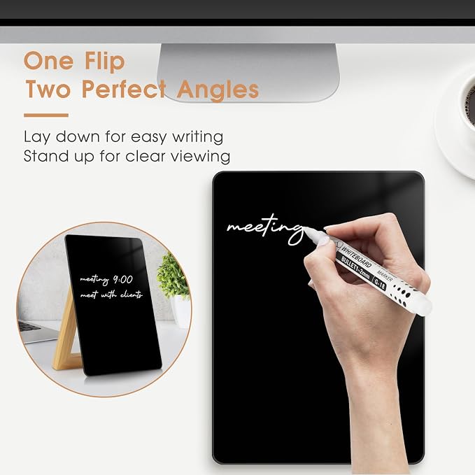 Desktop Black Glass Dry Erase Board, 9.5" x 6.7", Adjustable Wood Stand | Small Glass Whiteboard, Reusable Desk Notepad for Home Office