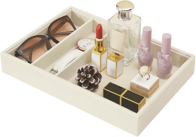 Bedside Organizer - Multi-use Nightstand & Desk-top Catchall Tray for Jewelry, Sunglasses, Phone, Watch, Perfume, Lipstick (Beige 3Grid)