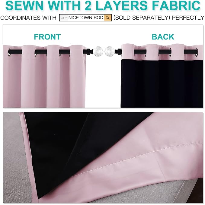 NICETOWN 100% Blackout Room Warming Lined Curtains, Totally Darkness Drapes, Thermal Insulated Drapes for Daughters Nursery (Lavender Pink, 1 Pair, 42 inches Width x 63 inches Length Each Panel)