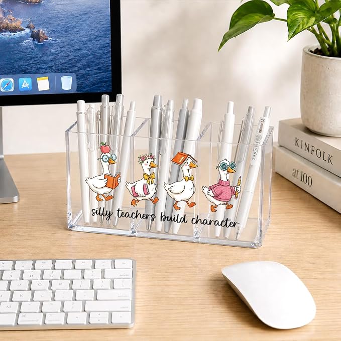 Silly Teachers Build Character Acrylic Pen Holder for Desk, Cute Goose Theme Desk Organizer for Office Home, First Day of School Gifts, Funny Back to School Appreciation Gifts for Women Teachers