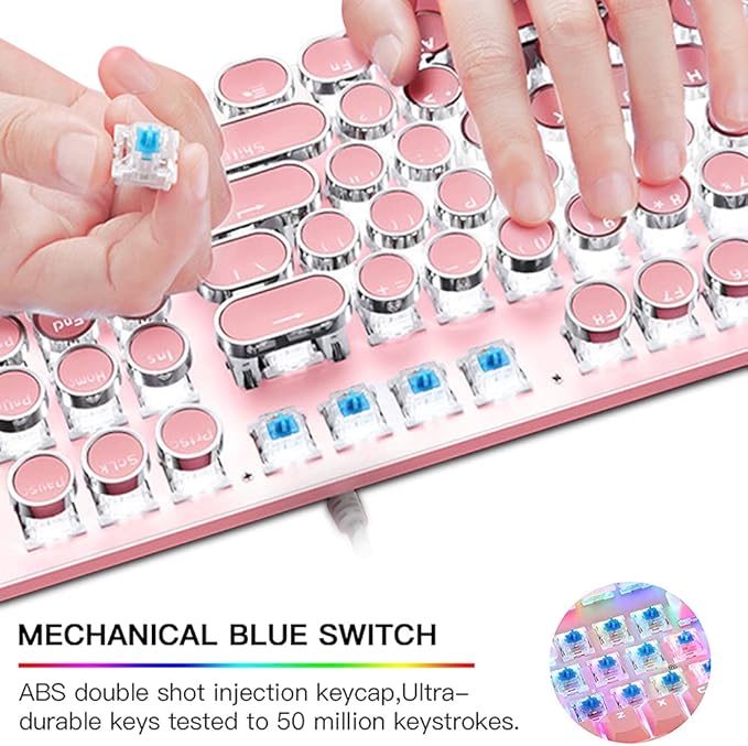 Pink Typewriter Keyboard and Mouse,Retro Vintage Mechanical Gaming Keyboard with White LED Backlit,104 Keys Anti-Ghosting Blue Switch Wired Cute Keyboard,Round Keycaps for Desktop PC/Laptop Mac