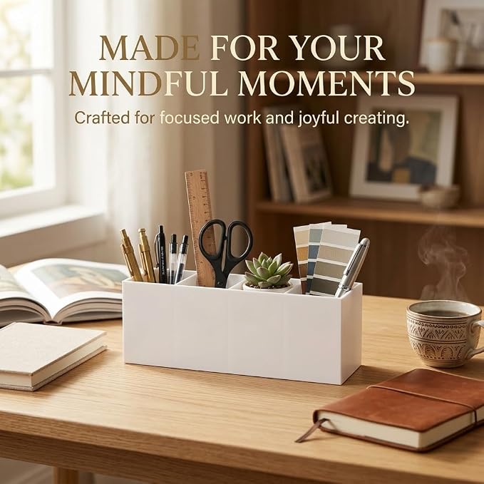 4 Compartment White Acrylic Pen Holder for Desk, Large Desktop Organizer & Pencil Cup, Makeup Brush Holder for Countertop, Multi-functional Pen Pencil Brushes Holders Caddy (Opaque White)