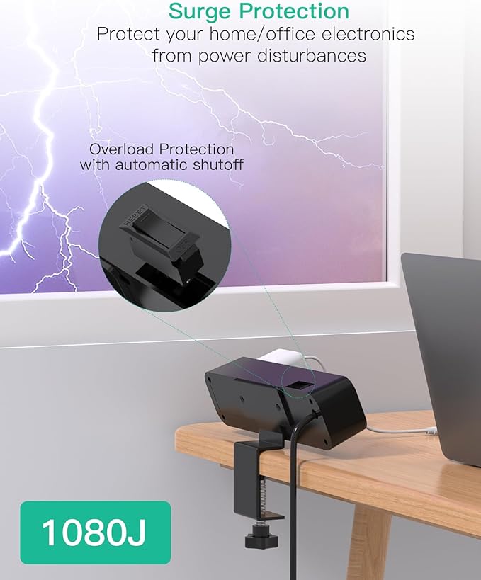 Mifaso PD65W Desk Clamp Power Strip, 1080J Surge Protector, 2 USB C | 4 Outlets, 5FT Extension Cord, Desk Organizer Gaming Accessories Office Essentials, Fit 1.96" Desk Edge, Black