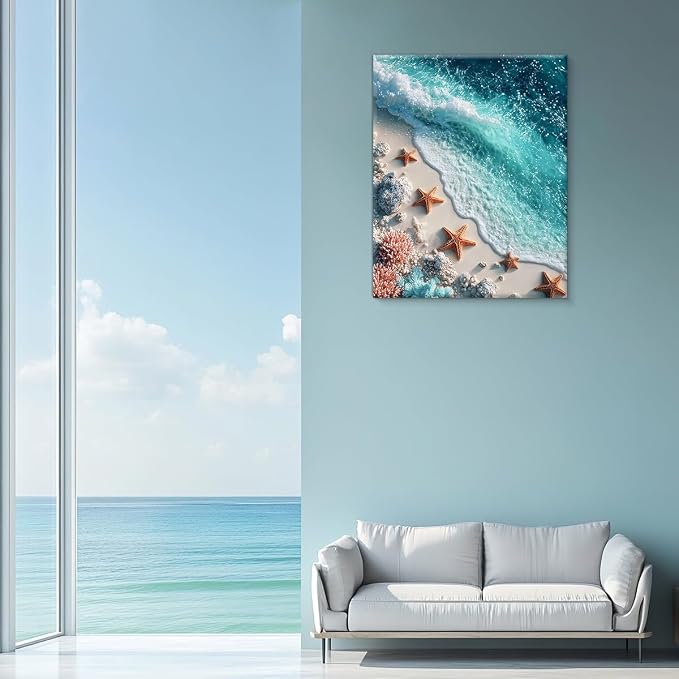Coastal Beach Wall Art, Ocean Wave Starfish Seashell Wall Decor, Turquoise Sea Coral Seascape Painting Picture, Coastal Wall Decor for Bathroom Living Room Bedroom 8x10 Canvas Framed