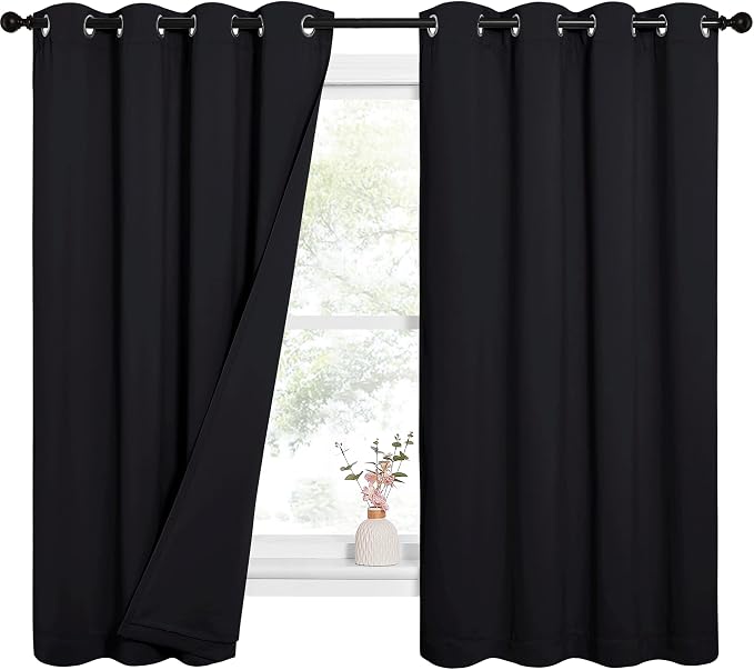 NICETOWN Sound Blocking Black Out Curtains for Nursery Bedroom, Full Blackout Noise Preventing Thermal Insulated Drapes, Noise Barrier Privacy Panels for Kicthen/Cafe (Black, 52" Wide x 63" Long)