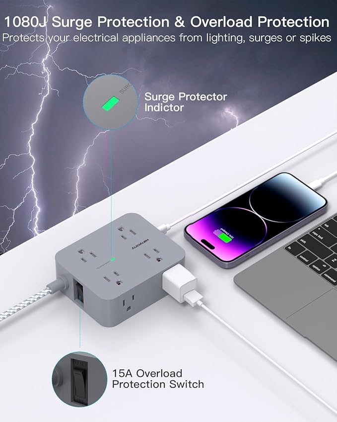 Surge Protector Power Strip 15 Ft Long Cord, HANYCONY 8 Outlets 4 USB Ports(2 USB C), Flat Plug, Desk Charging Station for Home Office College Dorm Room Essentials