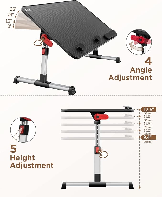 SAIJI Laptop Bed Tray Table, Adjustable Home Office Standing Desk Portable Lightweight Foldable Lap Desk for Sofa Couch Floor Working Studying Reading Writing Eating,Fit Up to 17" Laptop(Large，Black)