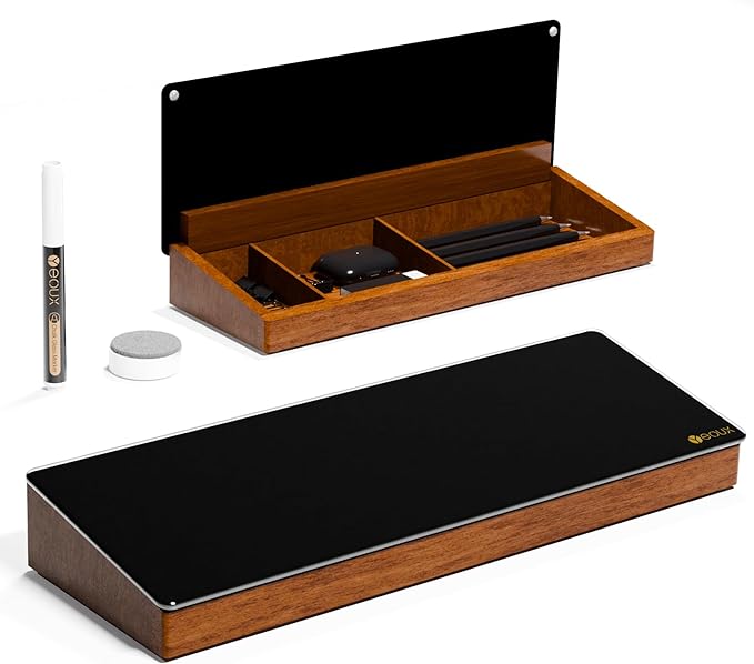 Desktop Black Glass Dry Erase Board with Wood Organizers for Small Office Supplies, Desk Whiteboard with Drawer for Home Office Cubicle, Accessories Included, Yeoux | Build With Soild Walnut Wood & Tempered Glass, Small Office Supplies Storage, For Hom...