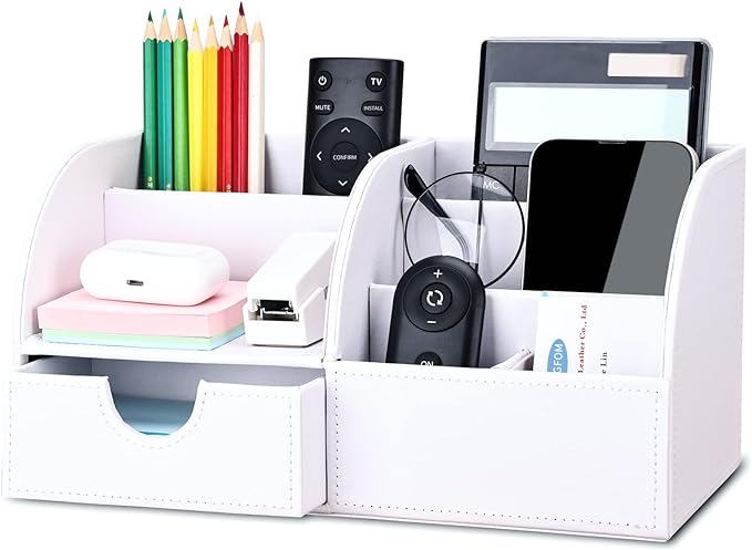 Pu Leather Desk Organizer Pen Pencil Holder Office Supplies Caddy Storage Box 6 Compartments with Drawer White (Full Pu Leather)
