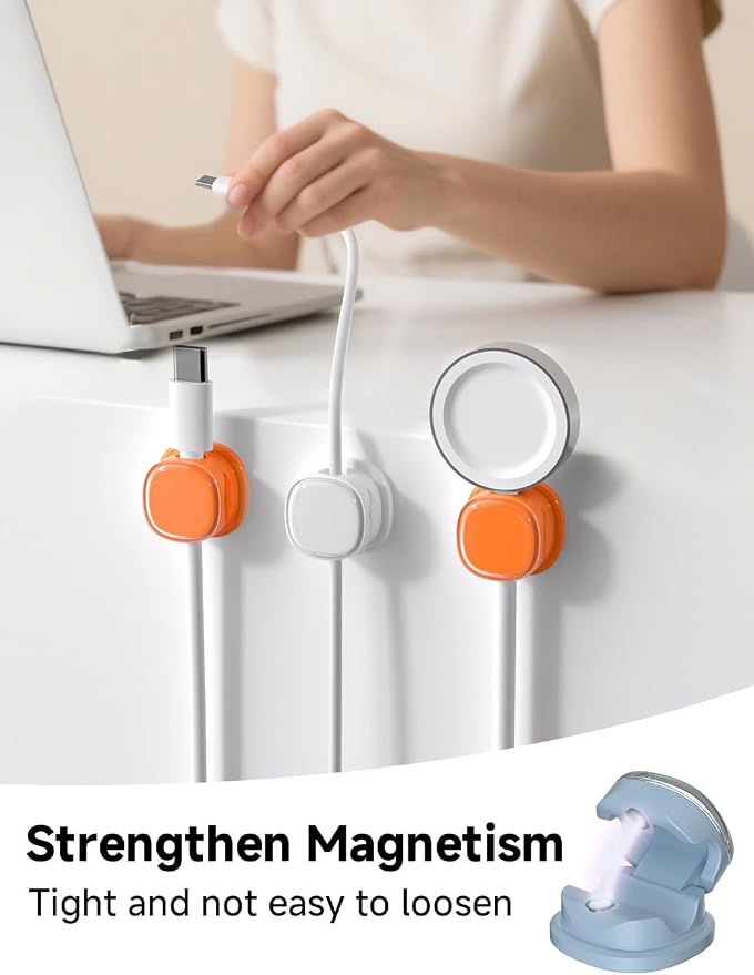 Magnetic Cable Clips, Adjustable Cord Holder Management, Adhesive Wire Keeper Organizer for Home Office Desk Phone PC Car Wall Desktop Nightstand Appliance (9-PCS White_Orange_Blue)