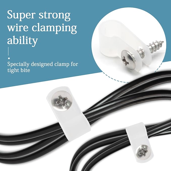 50 Pcs 1/3 Inch White Nylon R-type Cable Clip Wire Clamp | 8.4mm, Wire Management, Stainless Steel Screws Included