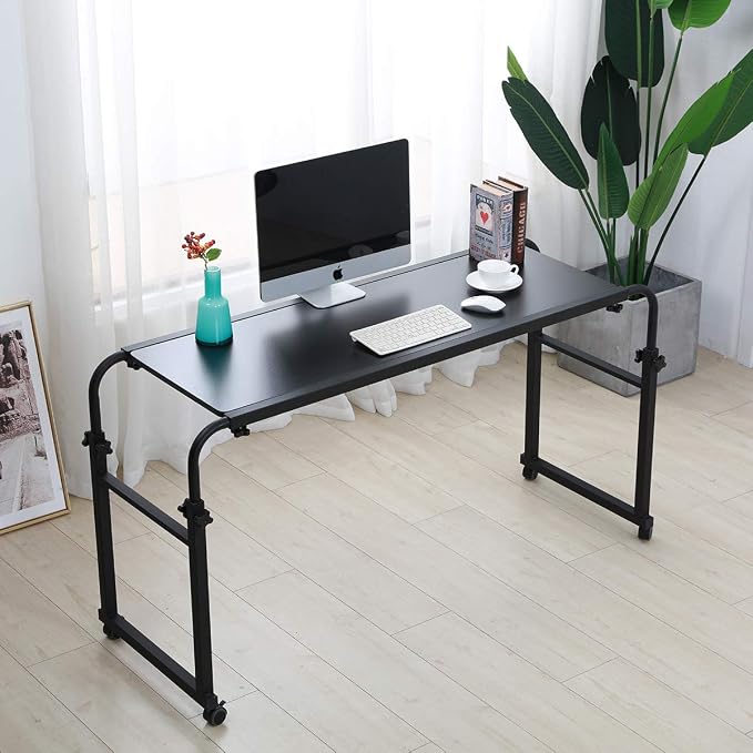 TigerDad Heavy Duty Overbed Table with Wheels, 55"-83" Adjustable Cross Bed Desk for King Queen Size, Mobile Rolling Laptop Cart for Home Office & Hospital Bed