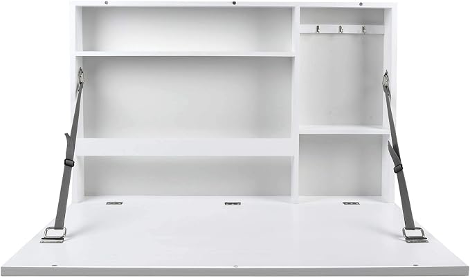 Prinz Work from Home Wall-Mounted Desk, White Folding Desk with Chalkboard Front, Space-Saving Floating Desk Design, Ready to Hang, Interior Shelves, 36 x 24 x 5 Inches, White