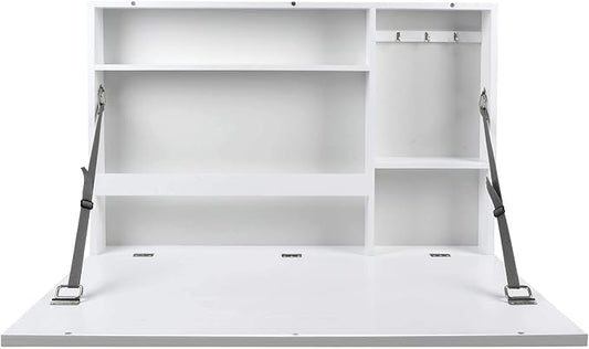 Prinz Work from Home Wall-Mounted Desk, White Folding Desk with Chalkboard Front, Space-Saving Floating Desk Design, Ready to Hang, Interior Shelves, 36 x 24 x 5 Inches, White