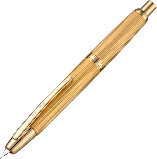 Jinhao 10 Press Fountain Pen with Box, Brushed Matt Gold Retractable Fine Nib with Converter Set (Golden Clip)