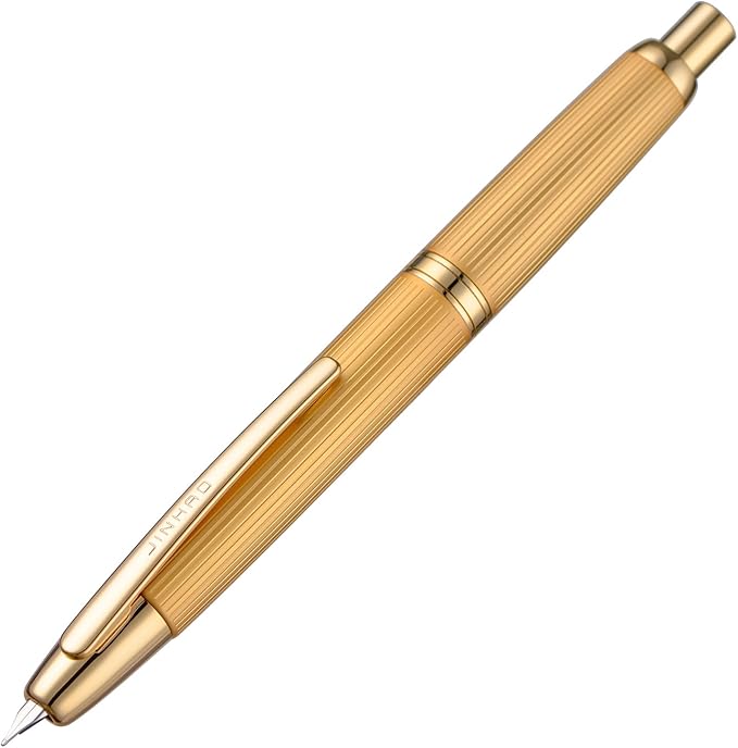 Jinhao 10 Press Fountain Pen with Box, Brushed Matt Gold Retractable Extra Fine Nib with Ink Converter Set (Golden Clip)