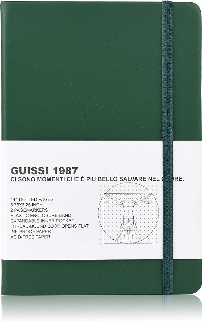 Guissi Classic Dotted Grid Bullet Notebook Journal Dot Hard Cover A5 Premium 80gsm Thick Acid-Free Paper with Fine Inner Pocket Faux Leather Office School Supplies 144 Pages Designed in Florence