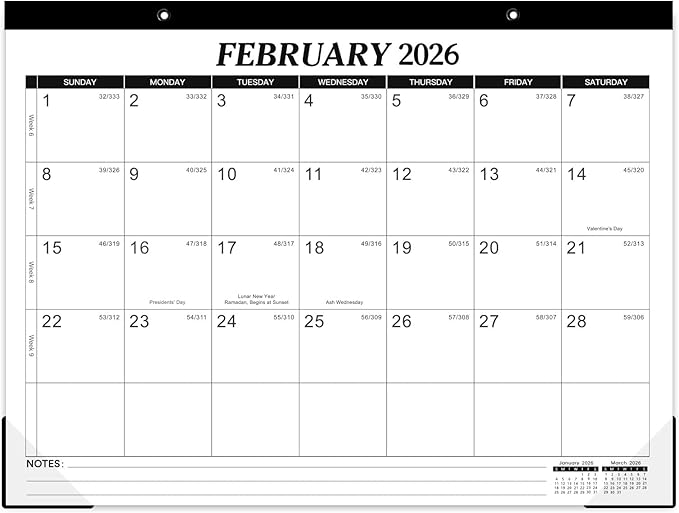 2026 Desk Calendar - 12 Monthly Desk Calendar 2026, Feb.2026 - Dec.2026, 14.6" x 11.5", Desk/Wall Calendar 2-in-1, Thick Paper with Corner Protectors, Hanging Holes, Large Daily Blocks