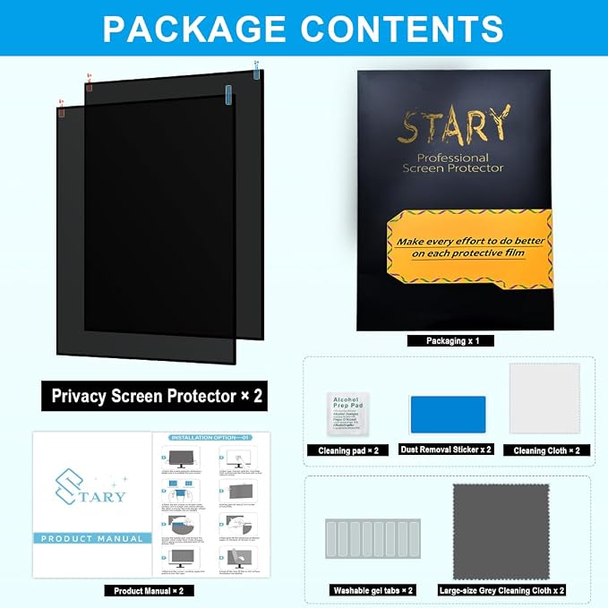 STARY 2-Pack 24 Inch Privacy Screen for Computer Monitor 16:9 Aspect Ratio, Eye Protection, Anti Blue Light, Glare Shield, Removable Black Blackout Anti Spy Desktop Security Private Filter
