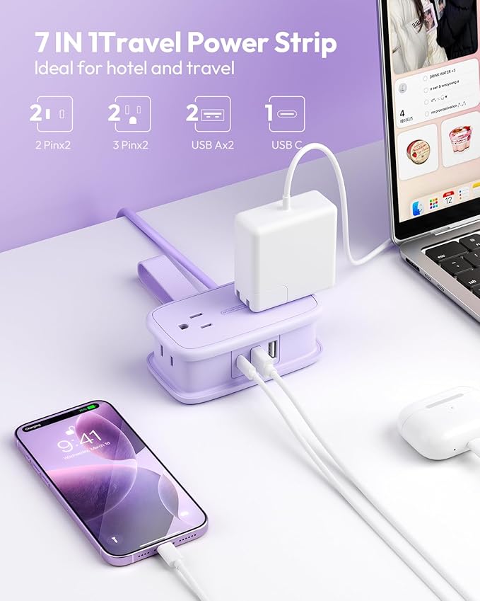 NTONPOWER Purple Travel Power Strip,Travel Essentials 4 Outlets 3 USB(1 C) with 4FT Wrapped Extension Cord Flat Plug, Cruise Essentials 2026 for Hotel Travel Cruise Essentials