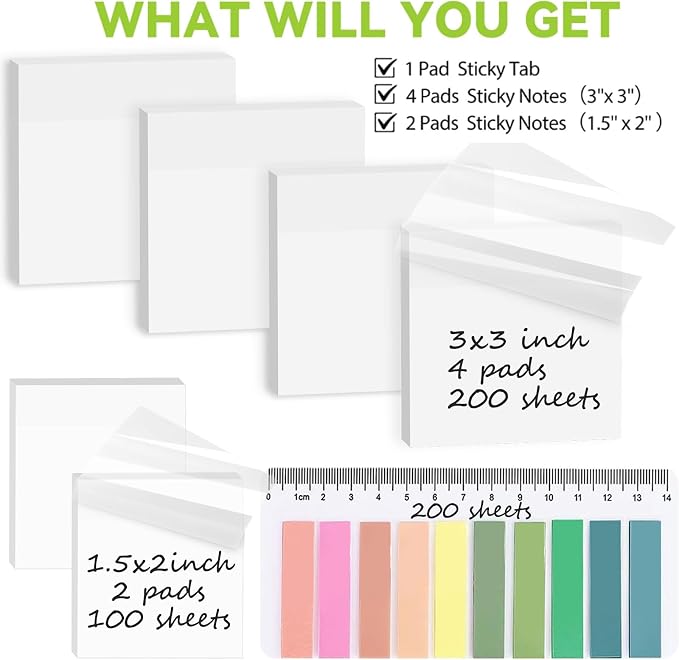 7-IN-1 Transparent Sticky Notes Set 【400 Sheets: 7 Pads+Sticky Tabs】- Tecolu 3x3 inch Clear Sticky Note Waterproof & 5X Stickiness, See-Through Translucent Sticky Note for School Office Bible Supplies