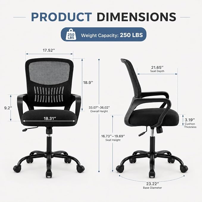 Ergonomic Office Chair, Home Office Desk Chair, Game Chair with Lumbar Support, Breathable Mesh Chairs, Swivel Desk Chairs for Computer, Home, Office, 360° Swivel (Blank)