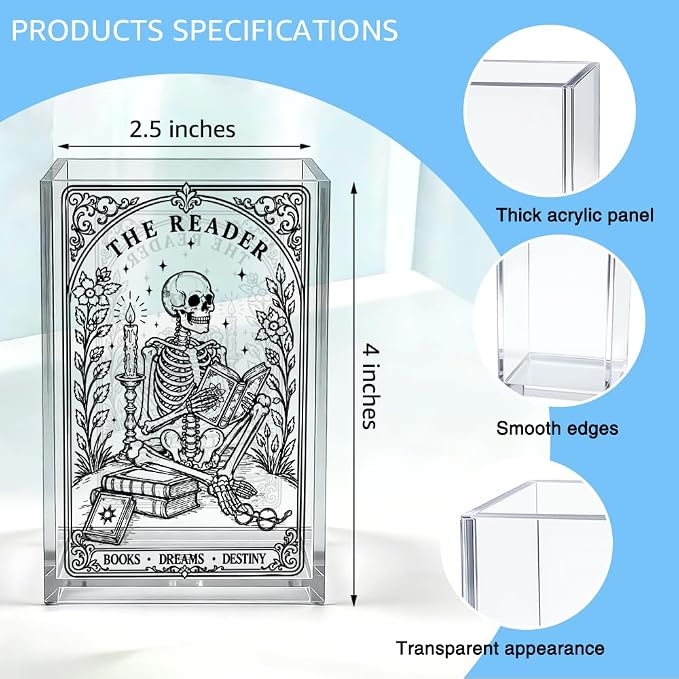The Reader Books Dreams Destiny Acrylic Pen Holder, Gothic Skeleton Book Desk Pencil Cup Organizer, Bookworm Office Decor Accessory, Halloween Book Lover Gifts for Women Librarian Reader