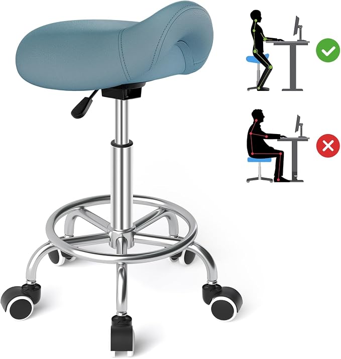 YEEZEE Saddle Stool Ergonomic, Saddle Chair with Wheels, Blue | Comfortable Wide Thick Saddle Seat Padding, 360°Swivel, Adjustable Height, Ring Pedal Design, for Medical Massage Salon Spa
