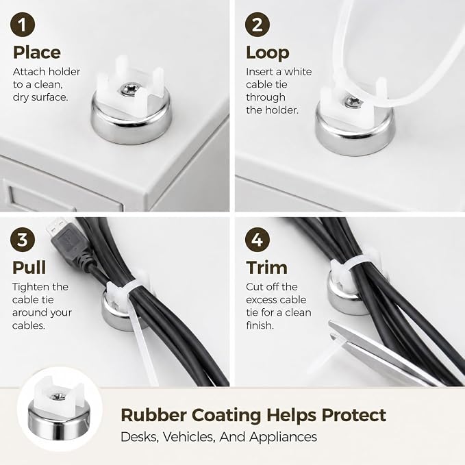 Magnetic Cable Zip Tie Mounts Kit, 30 Pcs Holders with 100 Pcs Cable Ties, Heavy-Duty Magnetic Wire Management for Desk, Office, Home, Automotive, Marine, Multipurpose Cable Clips Organizers, Silver