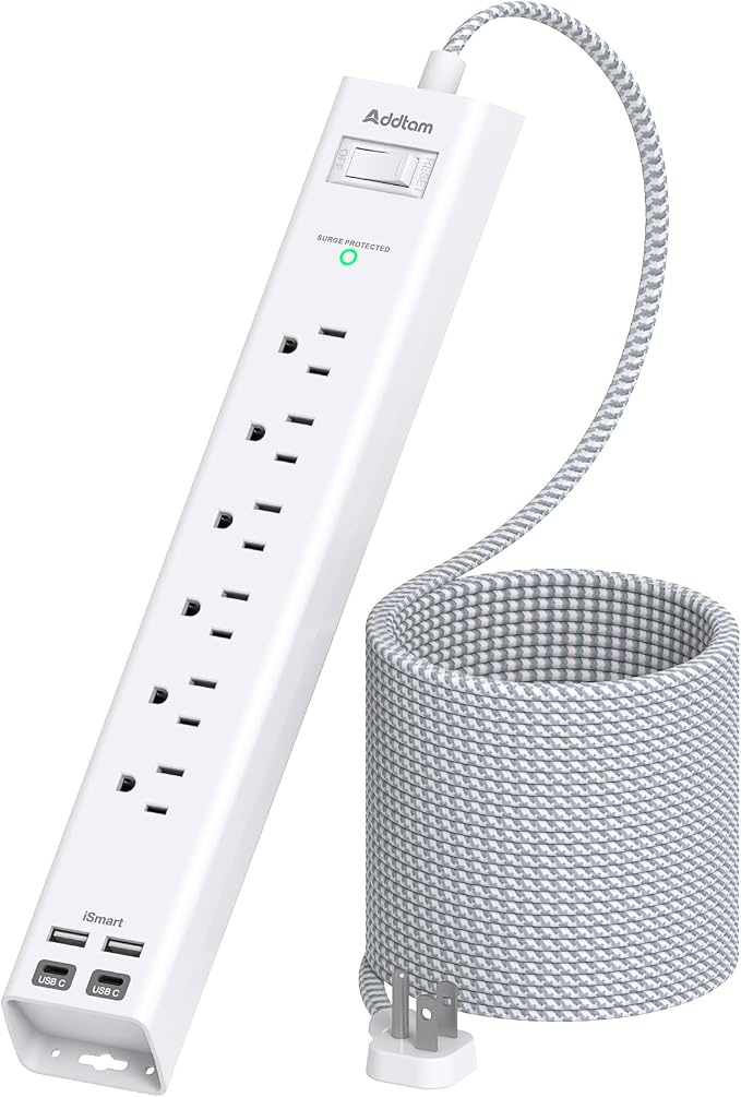 Addtam 25ft Extra Long Power Strip Surge Protector, 6 Outlets and 4 USB Ports (2 USB C), Ultra Flat Plug Wall Mount, Heavy Duty Extension Cord Charging Station for Large Room, Garage, Workshop