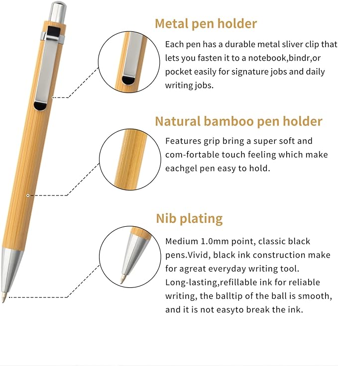 jinfusi Bamboo Retractable Ballpoint Pen(12 pack),Black ink 1mm Sustainable Pens for Journaling Writing Office Supplies Eco Friendly Products Set Pens