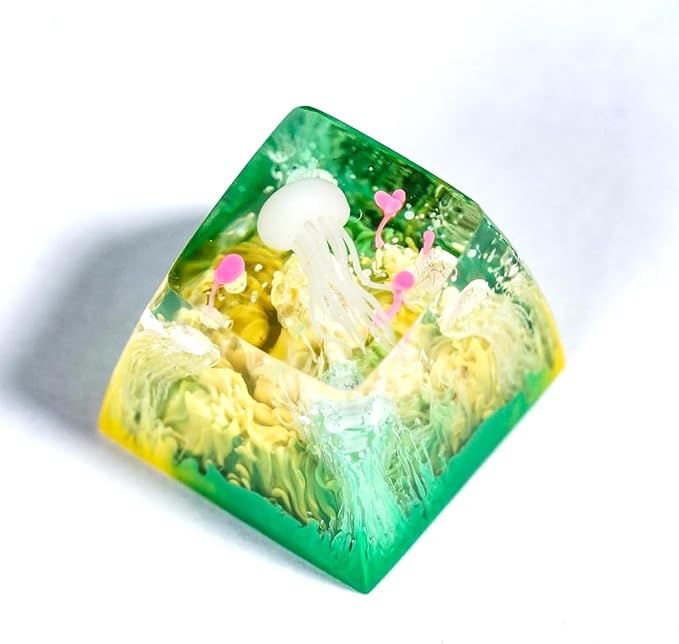 Jellyfish Artisan Keycap Yellow Green Ocean Reef - 1U ESC, R1 SA Profile Custom Handmade Resin Cherry MX Switch Key Cap Mechanical Keyboard, Cool Tech Gifts for Men, Dad, Father, Gamer, Sea Lover