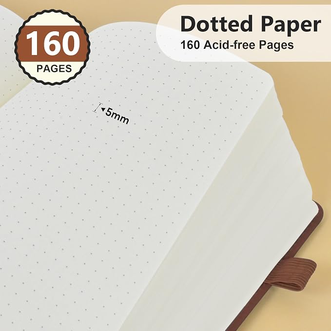 PERCUN Dotted Journal Notebook for Men & Women, 160 Pages Dot Grid notebook, A5 Hardcover Leather Bullet Journaling for Writing, Work, School, Travel, Daily Diary 5.9" x 8.5" (Brown)